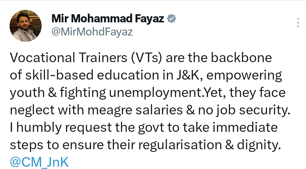 1JKPDP's tweet photo. J&amp;K PDP leader and Member of Legislative Assembly from Kupwara, Mir Mohammad Fayaz Sahb (@MirMohdFayaz) has urged the Govt to take immediate steps to ensure the regularization of Vocational Teachers who are facing neglect with meager salaries and no job security. 
@OmarAbdullah https://t.co/OM85Fp87YE