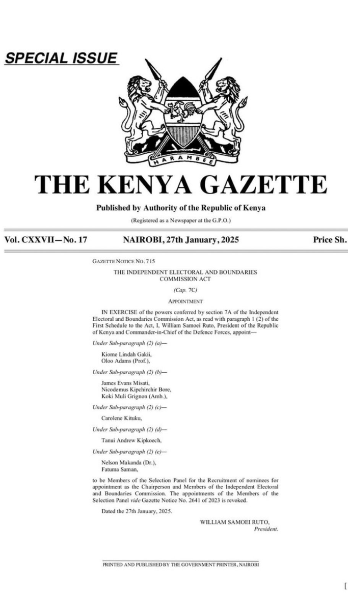 President William Ruto appoints new members to Kenya’s IEBC Selection Panel, revoking previous appointments.

Key figures include Prof. Oloo Adams, Amb. Koki Muli, and Dr. Nelson Makanda.