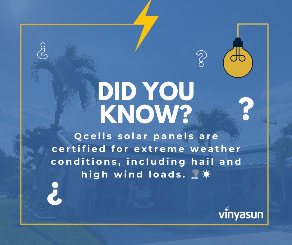 Vinyasun's tweet image. Qcells solar panels are certified for extreme weather conditions, including hail and high wind loads. 🌪️☀️

#SolarDurability #QcellsPanels