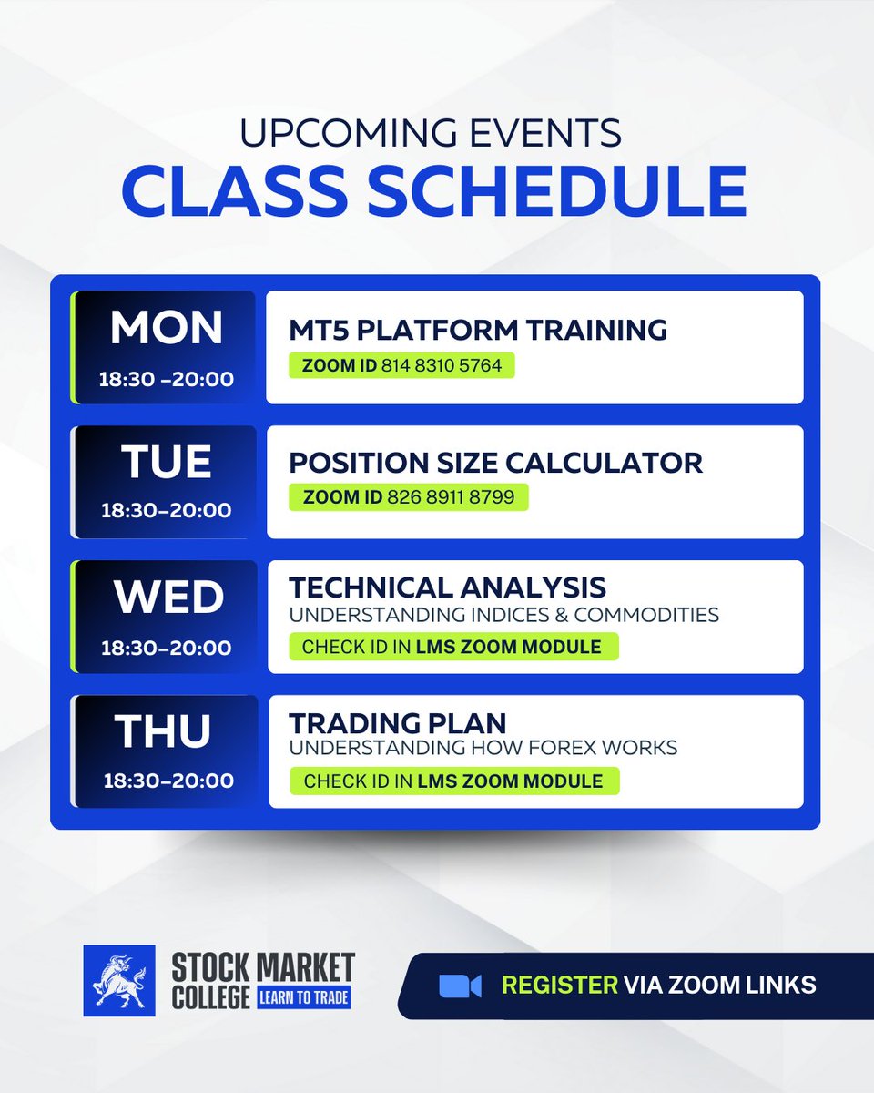 StockMarketClg's tweet image. New week means more opportunities to learn new skills! Have a look at our updated class schedule for the week.

Register on stockmarketcollege.com/class-schedule

#classschedule #learntotrade #onlinetradingcollege #achieveyourgoals #strongfoundation