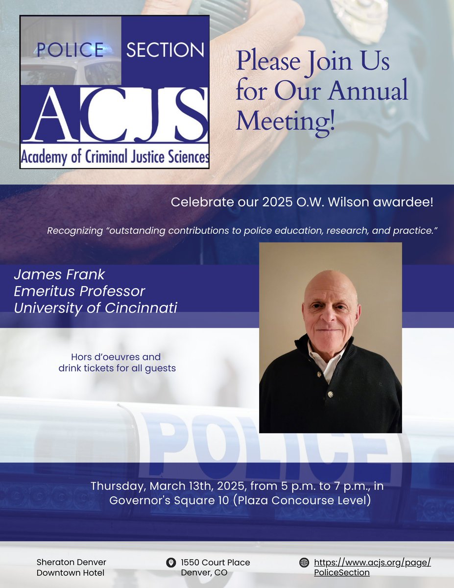 Join us in celebrating our final award winner, Dr. James Frank, recipient of the 2025 O.W. Wilson Award.

🗓️ Date: March 13, 2025
⏰ Time: 5 p.m. – 7 p.m.
📍 Venue: Sheraton Denver Downtown Hotel, Governor's Square 10 (Plaza Concourse Level)