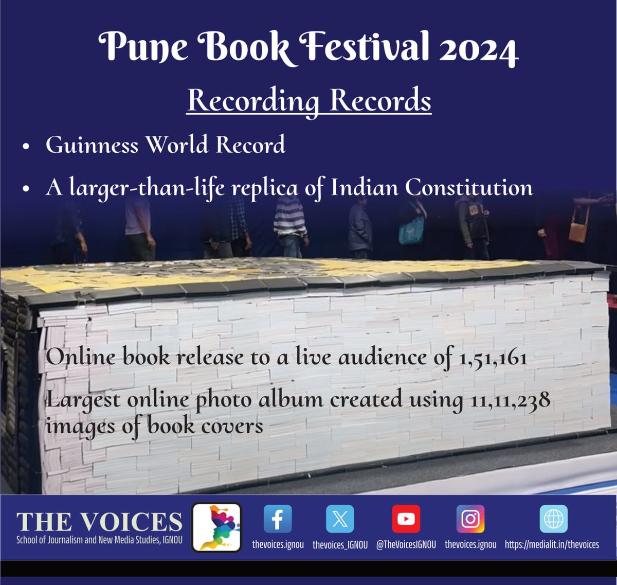 TheVoices_IGNOU's tweet photo. Witness the celebration of culture, tradition and Guinness Records all this and many more at the Pune Book Festival 2024. #punebookfestival2024read the complete story https://t.co/M0dMDFEFqs

Media Creatives Done By: Nusrat M 
Caption Written By: Nansee Amon https://t.co/s3YDAIwMNZ