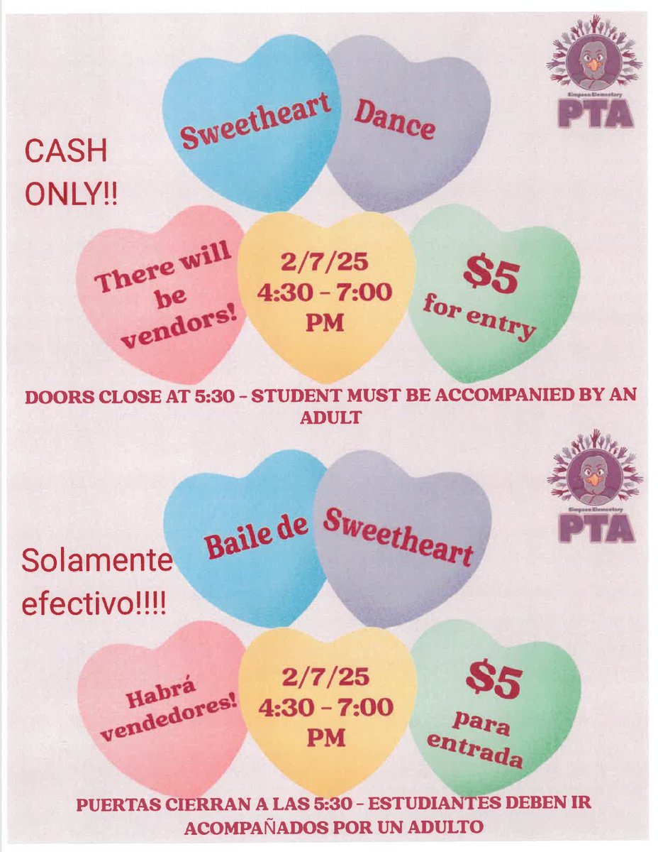 💖🎶 Calling all Simpson Seahawks! 🎶💖
You’re invited to our PTA Sweetheart Dance on Fri, Feb 7th, from 4:30 PM to 7:00 PM!
✨ Enjoy:
🍴 Vendors selling delicious food
📸 Photo opp
🎉 Music &amp; dancing for the whole family!
This is a family event, and we hope to see you there!💙