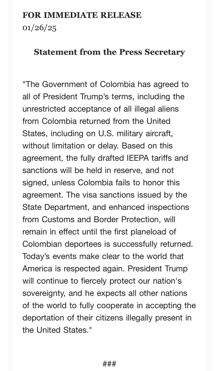 Impulsivity almost always comes at a high cost. The president of Colombia, <a href="/petrogustavo/">Gustavo Petro</a>, has had to accept all the conditions of President
<a href="/realDonaldTrump/">Donald J. Trump</a>, including the use of military planes.