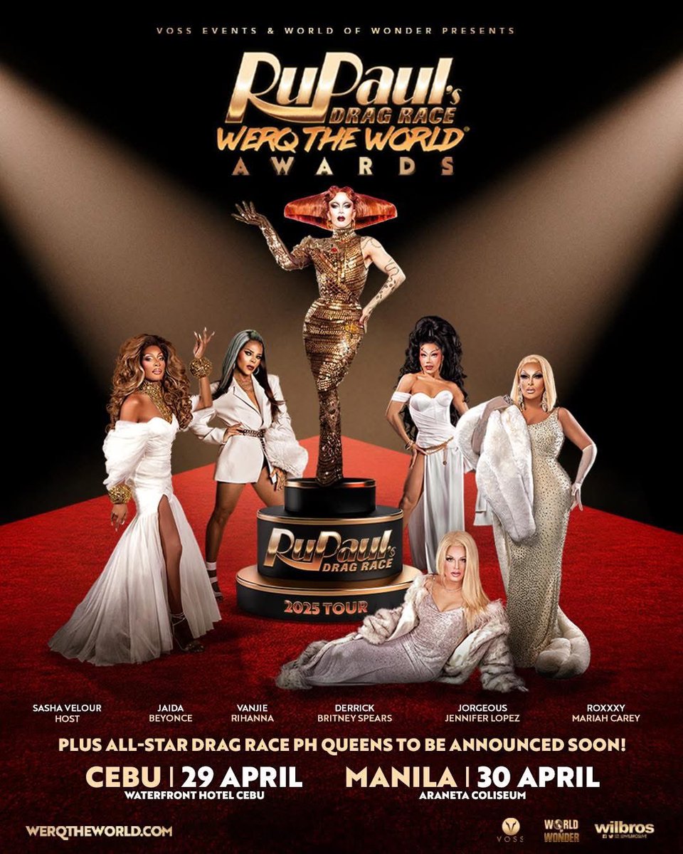concertnewscebu's tweet photo. RuPaul's Drag Race
WERQ THE WORLD 2025 World Tour
CEBU Apr 29 โข Waterfront Hotel Cebu
Tickets On-Sale: Jan 31 FRI 12PM
CEBU: https://t.co/joBLOkqZID
#RuPaul #DragRace #WerqTheWorld
#VossEvents #WilbrosLive #WorldTour2025 https://t.co/1LYh1PQyR0