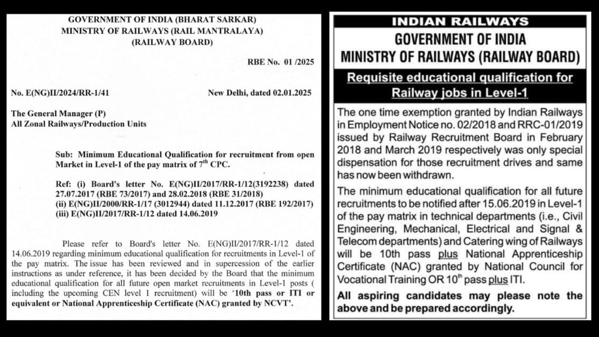 #RRBLevel1_Me_Technical_Post_Par_Iti_Lagu_Kro
रेलवे 2019 से लगातार नोटिस जारी कर के बोल रहा है कि रेलवे ग्रुप-D ( Level -1) में टेक्निकल डिपार्टमेंट में 10+ ITI रहेगा फिर अचानक से ITI हटाना सही नहीं है।
<a href="/AshwiniVaishnaw/">Ashwini Vaishnaw</a> <a href="/RailMinIndia/">Ministry of Railways</a> <a href="/RahulGandhi/">Rahul Gandhi</a> <a href="/narendramodi/">Narendra Modi</a> <a href="/PMOIndia/">PMO India</a>