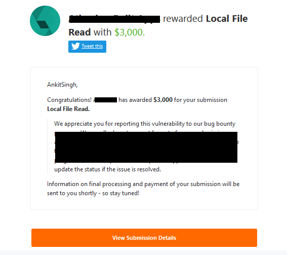 AnkitCuriosity's tweet photo. I earned $3,000 for my submission on @bugcrowd https://t.co/adNqMtZ00S #ItTakesACrowd #infosec 

It was a Local File Inclusion vulnerability within one of the Jira plugin from Atlassian marketplace, which allowed to read the local files from the server including some system logs. https://t.co/Gms1cBQKC1
