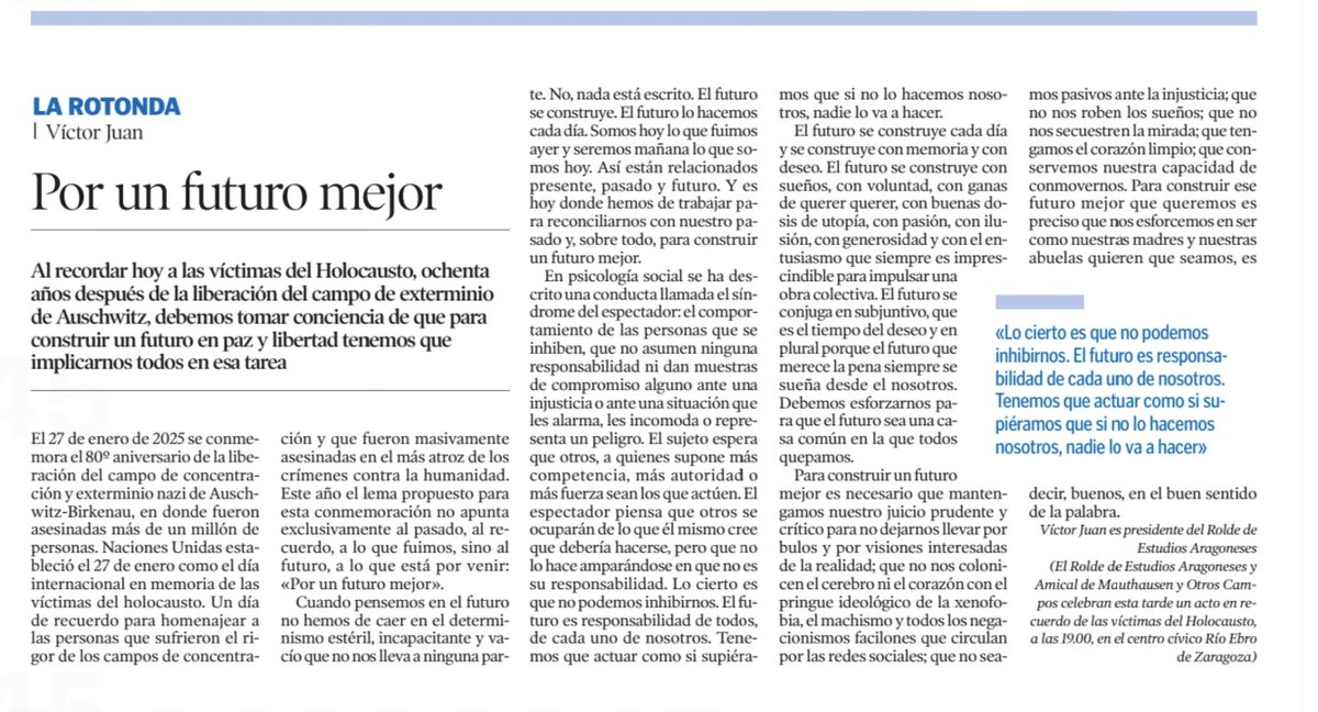 Mi artículo de hoy en «Heraldo de Aragón», en el Día Internacional en Memoria de las Víctimas del Holocausto.