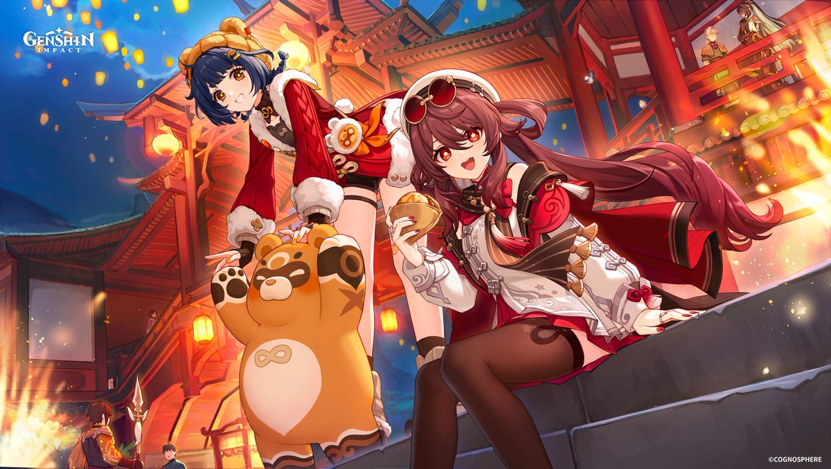 #GenshinImpact #GenshinLanternRite
"Hey there! Xiangling and I are about to see who has the best stash of New Year's greetings. Perfect timing — you can be our judge~ I'll start: May you prosper!"
"Then I'll go with... Abundance year after year! Oh, Guoba wants to join us too?"