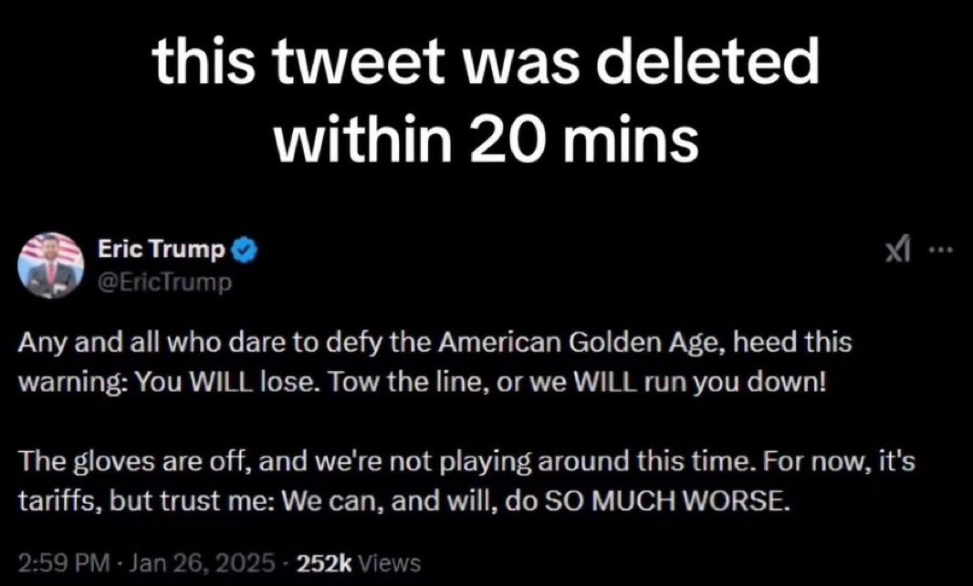 ChristianDemoc3's tweet photo. @EricTrump Ok - Tweedledum. If the below is actually from you - you are playing way outside your league. The world is laughing at your idiot father and his clueless offspring. Also, what line are you towing - a fishing line? https://t.co/dRLPlBGfwR