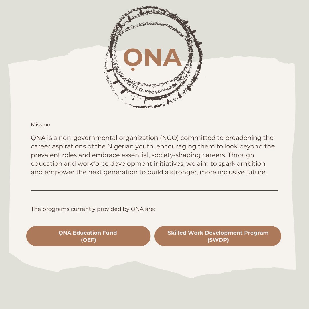 ona__ng's tweet photo. We’re excited to launch ỌNA!✨Our mission is to empower Nigerian youth to pursue education and skills that shape society.🌍
Stay tuned this week as we unveil the incredible programs we’ve designed to create opportunities and spark ambition. 🚀
#ỌNA #OEF #SWDP #YouthDevelopment https://t.co/8IEaP7YguT