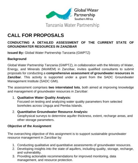 GwpTanzania's tweet photo. @GwpTanzania in collaboration with the Ministry of Water, Energy, and Minerals (MoWEM) in Zanzibar, invites qualified consultants to submit proposals for conducting a comprehensive assessment of groundwater resources in Zanzibar. Check out the following link.
https://t.co/AbHmslMdhz