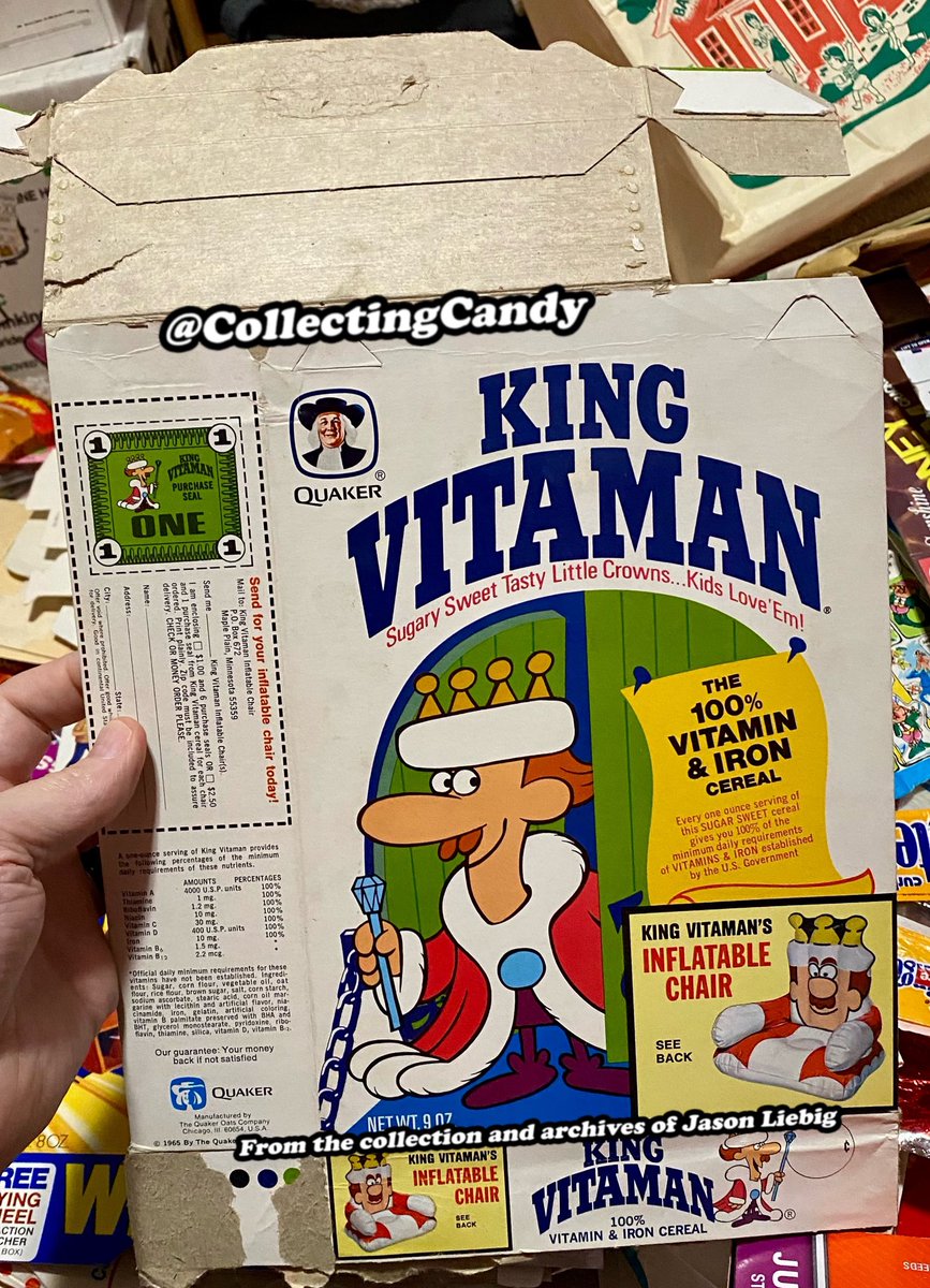 Collectingcandy's tweet photo. From 1970, itโs a box for @Quaker cerealโs King Vitamin.
Featuring a fab mascot design that I believe can be attributed to legendary Rocky and Bullwinkle creator, Jay Ward Studios. This one came with a pretty groovy mail-away offer. ๐
#kingvitamin #jaywardproductions https://t.co/5tHXzCh78J