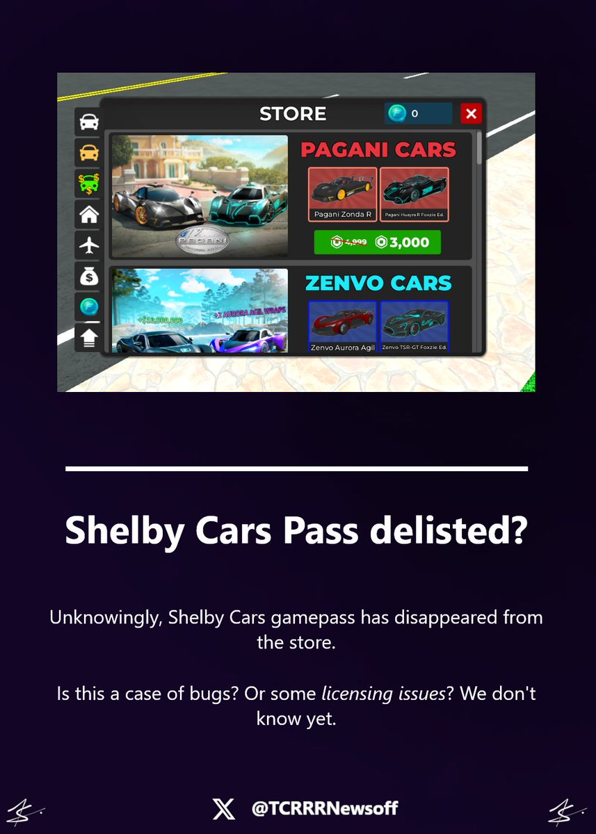 TCRRRNewsoff's tweet photo. Unusual news in #CarDealershipTycoon:

Shelby Cars Pass delisted?

More info below ↓ https://t.co/jc1en91HX3