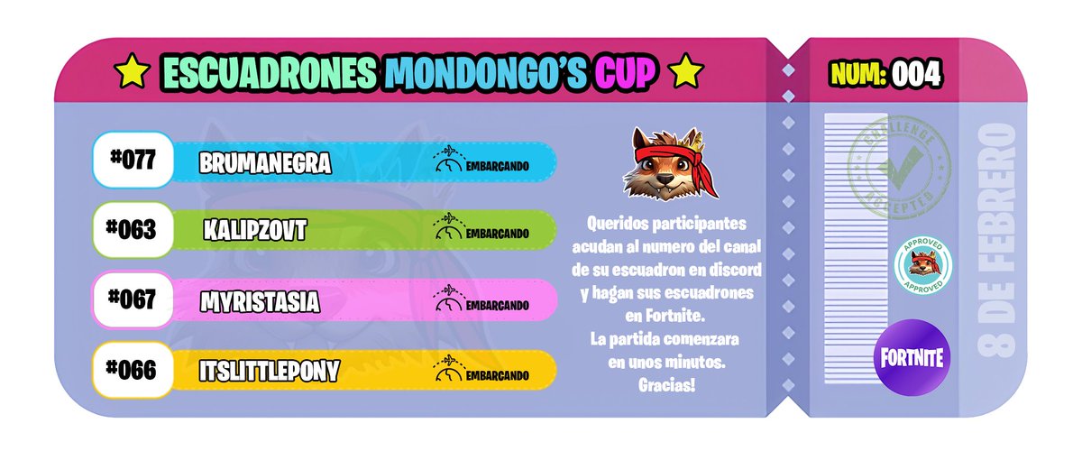 Ya tenemos Squad para la <a href="/MondongosCup/">Mondongos Cup🏆</a> !                    
 🔫.       🔫.       🔫.        🔫. 
El equipo 4 está listo para la batalla! (O los arbustos 😂)
<a href="/ItsLittlePony/">ItsLittlePony</a> 
@DiegoCa90573250 
<a href="/myri_roman/">Myristasia</a> 

Nos vemos el día 8 de febrero a las 20:00 hora española 🇪🇸