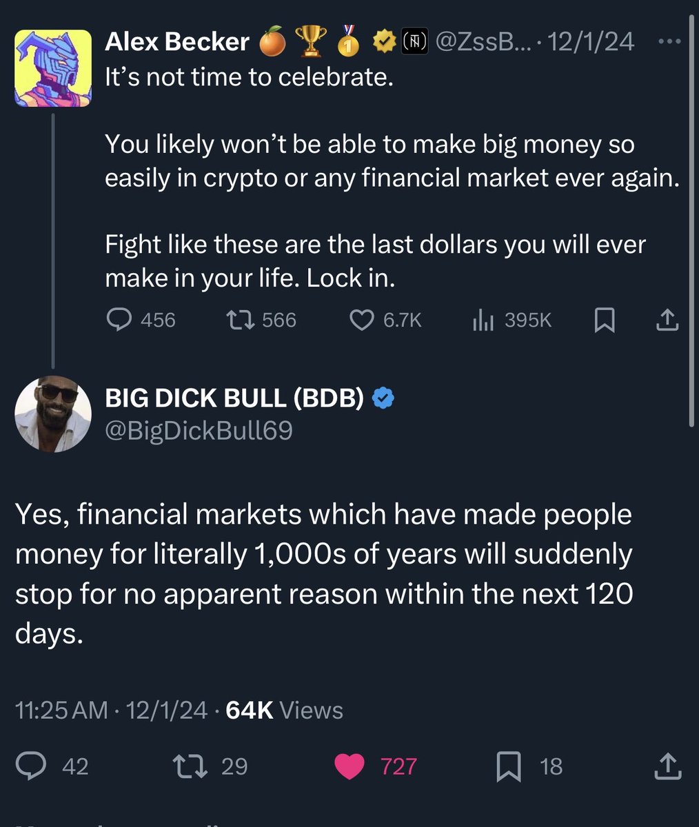 This guy went from telling hundreds of thousands of followers to NOT buy crypto when BTC was sub 25k because of the “macro” to telling them to lock in invest their entire net worth when it was >100k.

The reason accounts like him get so many likes is bc they are appealing to the