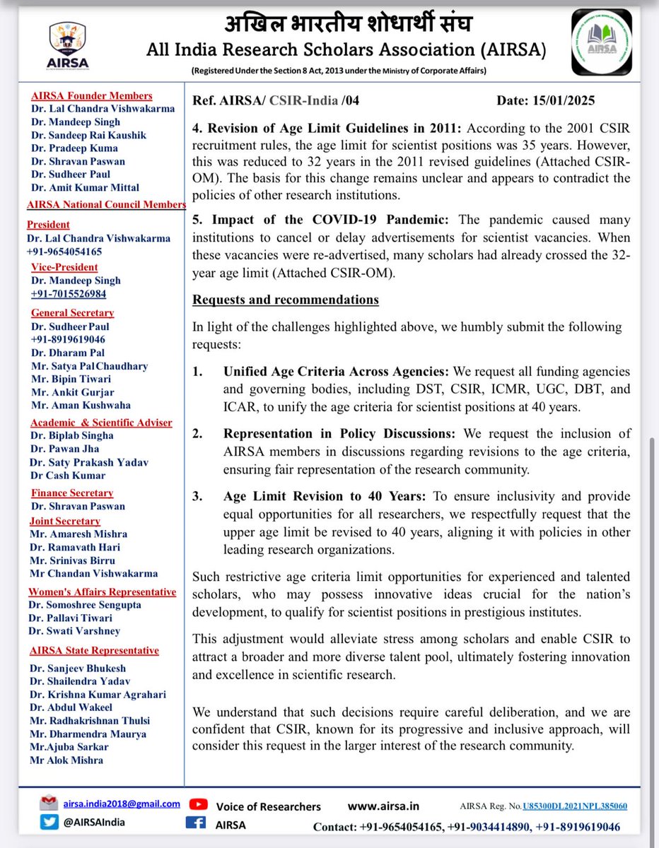 AIRSAIndia's tweet photo. It's disheartening to see experienced Indian scholars and talented minds being excluded from scientist posts in @CSIR_IND institutions. Despite repeated requests to the CSIR Director General @DrNKalaiselvi genuine issues remain unaddressed. @HRDG_CSIR #AgeRestrictions @the_hindu https://t.co/K0yRmlcq34