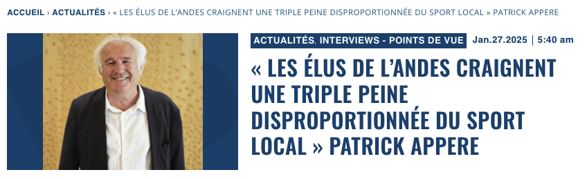 "Les élus de l’ANDES craignent une triple peine disproportionnée du sport local" Patrick APPERE

Patrick APPERE <a href="/ApperePatrick/">appéré patrick</a>  le président de l' <a href="/ReseauAndes/">ANDES</a>  s'exprime pour la première fois depuis le lancement de la pétition "Ensemble, entretenons la flamme de #Paris2024" :