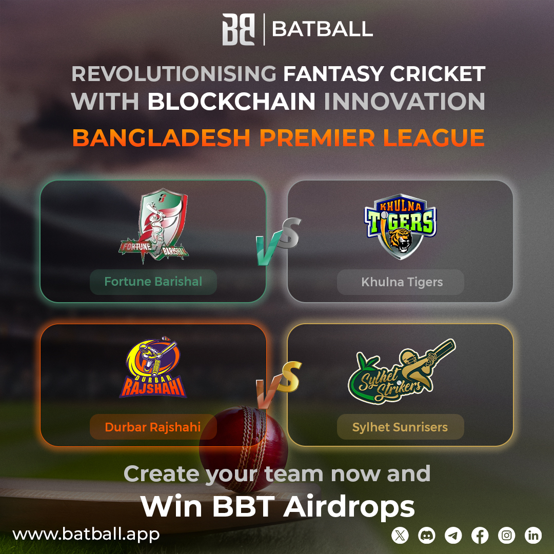 batball_app's tweet photo. ✨ Win Up to 30 BBT #Airdrops per match by joining today’s Mini Contests!

🔥 Today’s BPL Matches:
1️⃣ Fortune Barishal 🆚 Khulna Tigers
2️⃣ Durbar Rajshahi 🆚 Sylhet Sunrisers

💡 Claim #15BBT Airdrops by joining us on social media! Grow your BBT to participate in these exciting contests.

🛡️ Create Your Team Now: https://t.co/Hspt7HdQzI

🎯 Don’t wait—turn your cricket knowledge into rewards. Play now! 💪✨

#FantasyCricket #BPL2025 #BPL