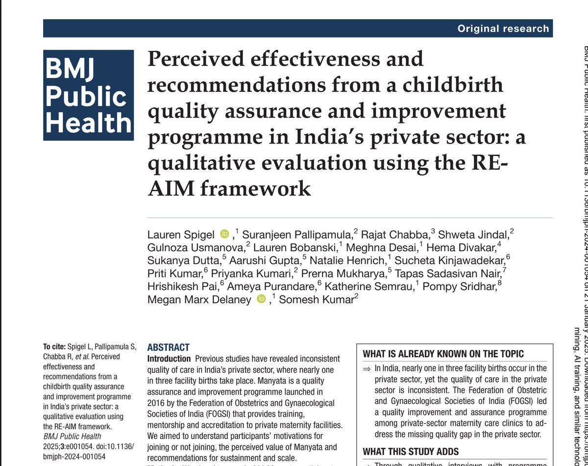 Prerna Mukharya (@prernamukharya) on Twitter photo We partnered with the <a href="/AriadneLabs/">Ariadne Labs</a> at <a href="/HarvardChanSPH/">Harvard T.H. Chan School of Public Health</a> last year and the research paper is out!
This qualitative evaluation of the Manyata program-focused on quality improvement program for private maternity facilities in India, found that facilities were motivated to join due We partnered with the <a href="/AriadneLabs/">Ariadne Labs</a> at <a href="/HarvardChanSPH/">Harvard T.H. Chan School of Public Health</a> last year and the research paper is out!
This qualitative evaluation of the Manyata program-focused on quality improvement program for private maternity facilities in India, found that facilities were motivated to join due