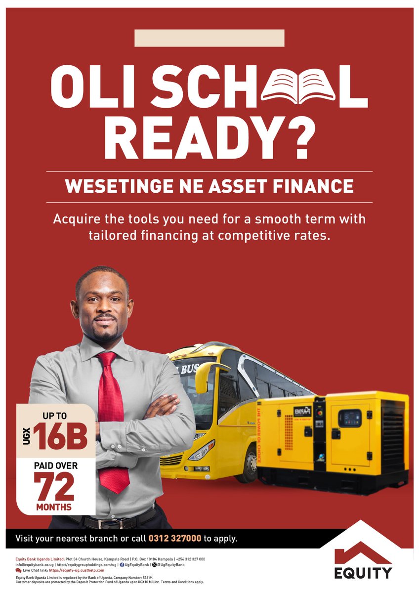 Uncleken256's tweet photo. With @UgEquityBank Asset Finance, you can get the tools you need to ensure a smooth school term
Benefit from tailored financing options of up to UGX 16 billion, payable over 72 months, at competitive rates.
#WesetingeNeEquity || #BackToShuleWithEquity https://t.co/XDd0PLaMwb