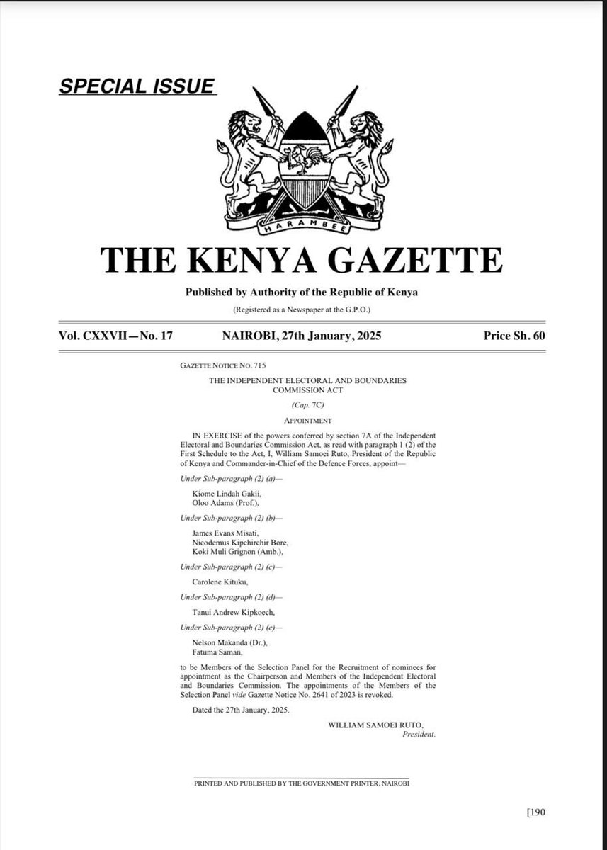 Following the gazettement of the members of the IEBC Selection Panel by the President H.E <a href="/WilliamsRuto/">William Samoei Ruto, PhD</a> this morning, I have communicated to the Secretary to the Parliamentary Service Commission, Mr. Jeremiah Nyegenye to put in place all the necessary arrangements required to