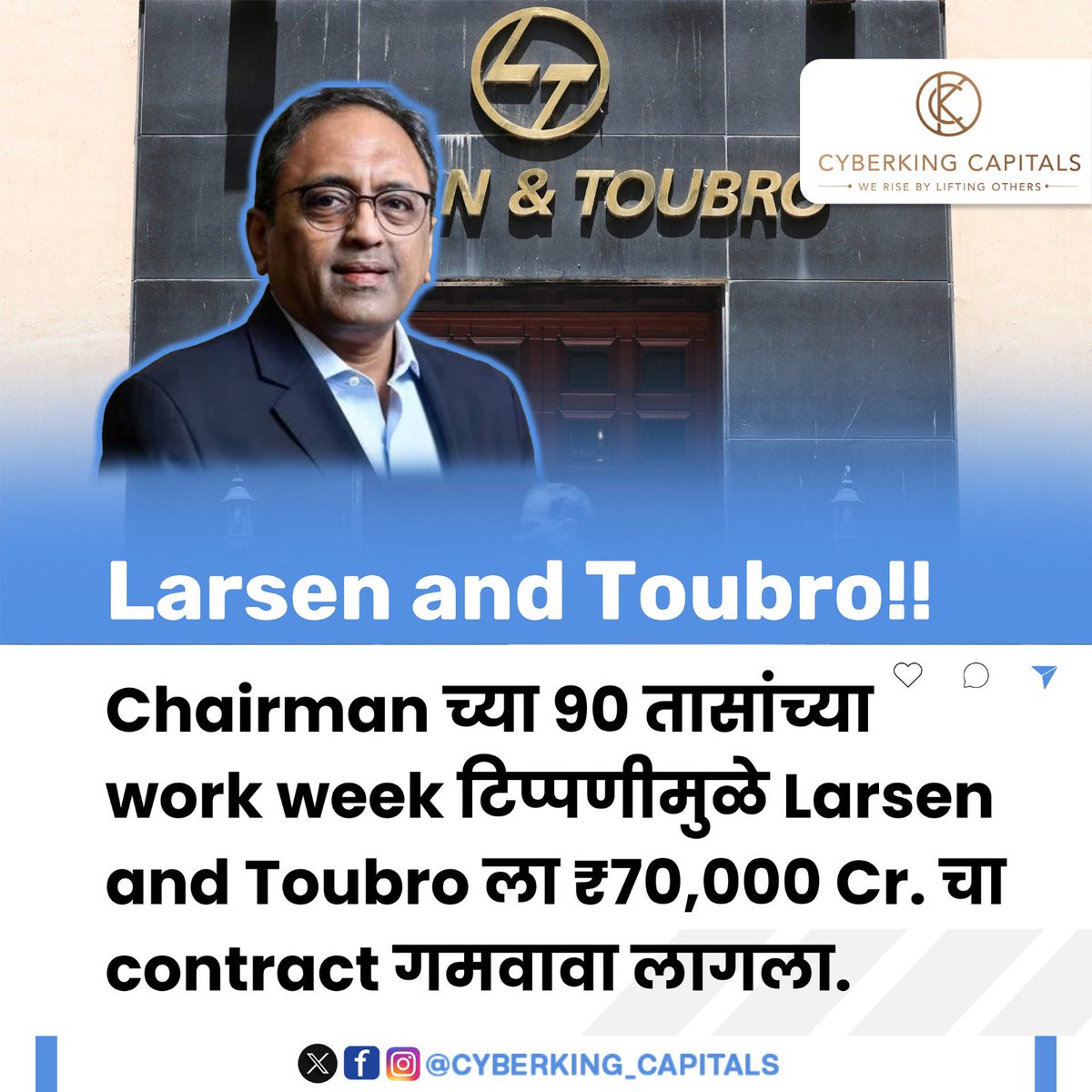 cyberkingck's tweet photo. Larsen and Toubro!!
Chairman च्या 90 तासांच्या work week टिप्पणीमुळे Larsen and Toubro ला ₹70,000 Cr. चा contract गमवावा लागला. #stockmarket #stockmarketindia #cyberkingcapital #intradaytrading #stocktrading https://t.co/j7MLIU7LB7