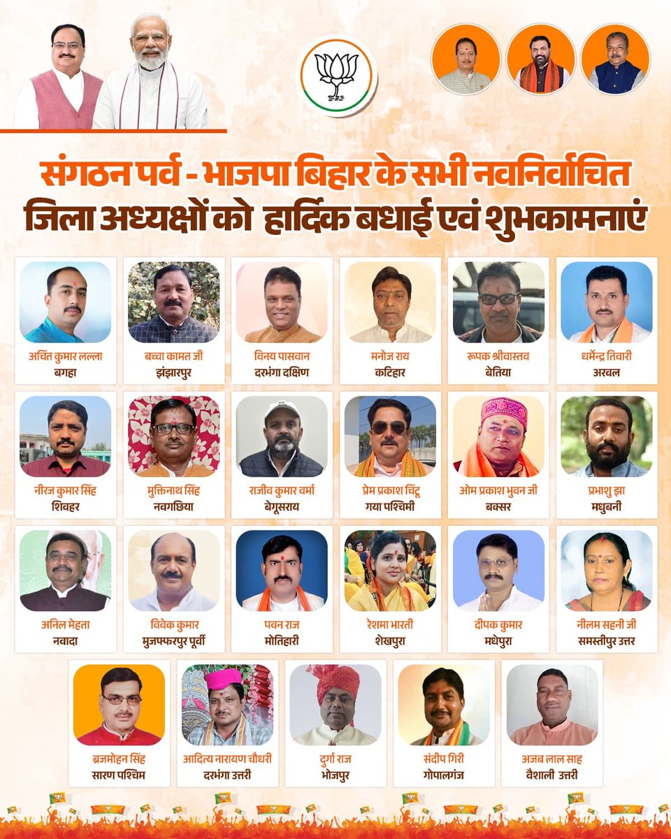 TawdeVinod's tweet photo. बिहार भाजपा के सभी नवनिर्वाचित जिलाध्यक्षों को हार्दिक बधाई एवं शुभकामनाएँ।

प्रधानमंत्री @NarendraModi जी व राष्ट्रीय अध्यक्ष @JPNadda जी के मार्गदर्शन तथा प्रदेश अध्यक्ष @DilipJaiswalBJP जी के नेतृत्व आप सभी बिहार में संगठन को नई मजबूती देंगे और विकसित बिहार के साथ विकसित भारत के संकल्प में अपना योगदान देंगे, यही मंगलकामना है।

@BJP4Bihar
