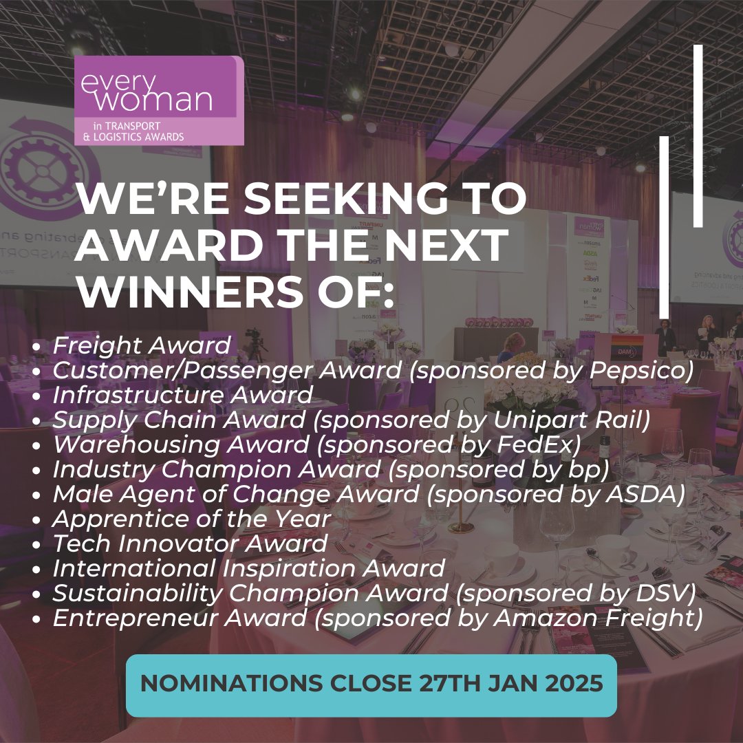 🚨 NOMINATIONS CLOSE AT MIDNIGHT 🚨

Do you know (or are you) someone inspiring working in Transport and Logistics? Celebrate exceptional talent and honour women's impact in the industry by nominating them for an #everywoman award: bit.ly/4g8lghQ 

#ewTLAwards
