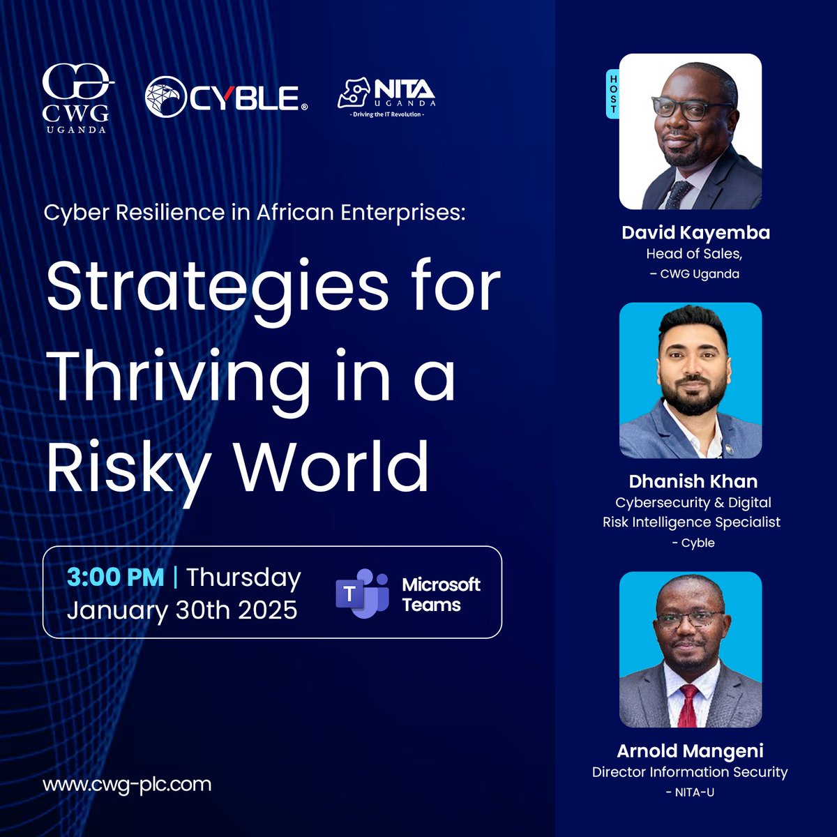 cwguganda's tweet photo. What could make African Enterprises resilient in the cyberspace?  

Join us on Thursday, 30th Jan, 3 pm EAT, for an exclusive webinar by @cwguganda collaboration with @NITAUganda1 &amp; @cybleglobal.

#CWGUgandaCyble #CybleVision #CWG #Cyble #Cybersecurity #ROIResults #CyberDefense https://t.co/UExO6YUrq3