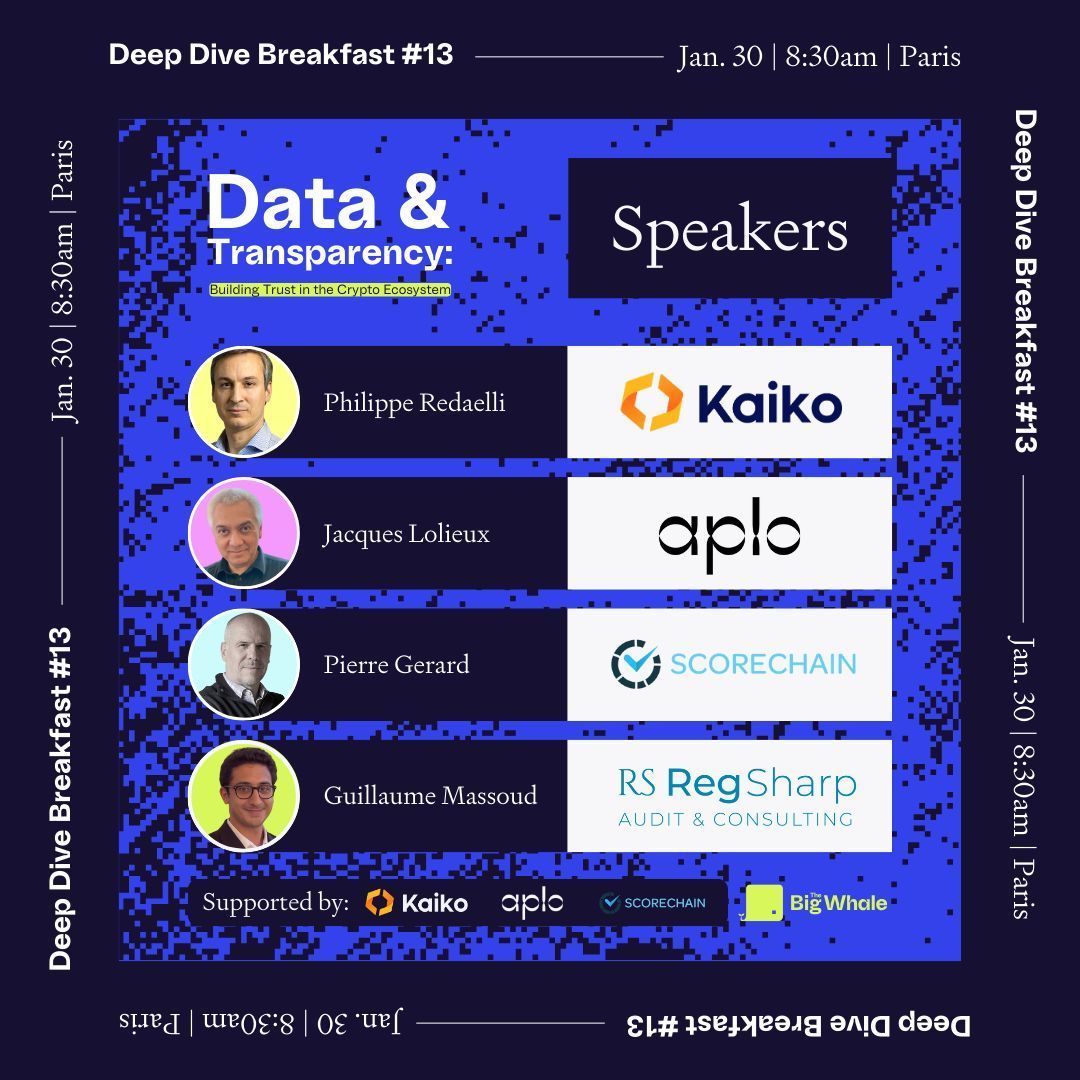 The Big Whale 🐳 (@thebigwhale_) on Twitter photo Want clarity on crypto data & transparency?
Our next Deep Dive Breakfast has you covered 👀
🔹<a href="/Ph_Redaelli/">Philippe Redaelli</a>, <a href="/KaikoData/">Kaiko</a>
🔹Jacques Lolieux, <a href="/aplo_crypto/">Aplo</a>
🔹<a href="/pierreneo/">Pierre GERARD</a>, <a href="/scorechain/">Scorechain</a>
🔹Guillaume Massoud, Regsharp
Join us this Thursday for an insightful discussion👇 Want clarity on crypto data & transparency?
Our next Deep Dive Breakfast has you covered 👀
🔹<a href="/Ph_Redaelli/">Philippe Redaelli</a>, <a href="/KaikoData/">Kaiko</a>
🔹Jacques Lolieux, <a href="/aplo_crypto/">Aplo</a>
🔹<a href="/pierreneo/">Pierre GERARD</a>, <a href="/scorechain/">Scorechain</a>
🔹Guillaume Massoud, Regsharp
Join us this Thursday for an insightful discussion👇