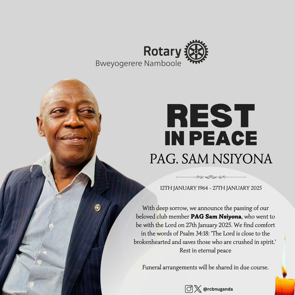 Destadia's tweet photo. Dear friends, We mourn the passing of our beloved mentor and friend, PAG Sam Nsiyona🕊️🕊️. He leaves behind a legacy of kindness and dedication to the Rotary community.

Let's keep his family in prayer as we celebrate his life and remarkable contributions. Rest in Power🕊️🕊️ https://t.co/sTKYPPfWqe