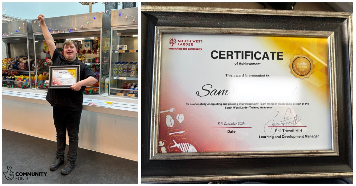 Sam has completed a hospitality traineeship at Somerset Larder, gaining valuable experience and multiple qualifications. He’s incredibly proud of his certificate and is now looking for a new role in the hospitality industry.

Well done, Sam!