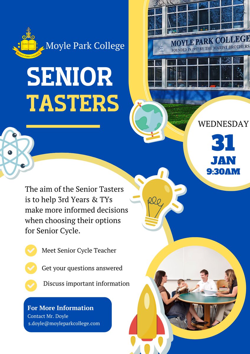 StephenjcDoyle's tweet photo. Looking forward to the senior tasters on Friday starting at 9:30. A great opportunity for Junior students to meet senior cycle teachers, and make more informed subject choices for the leaving certificate @moylepark https://t.co/i8OeW6sZf6