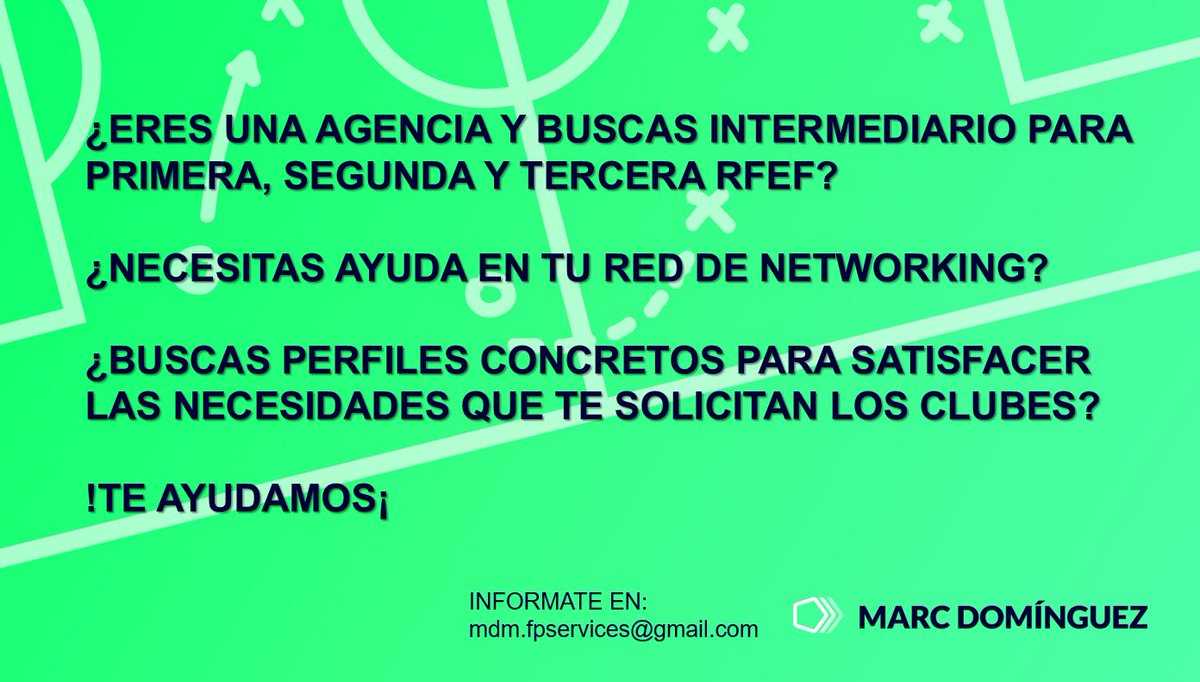 Entramos en la última semana de mercado.

Si eres agente libre o agencia y necesitas asesoramiento o una posible intermediación, no dudes en contactarnos sin compromiso.

Estamos encantados de ayudarte 🫂⚽️