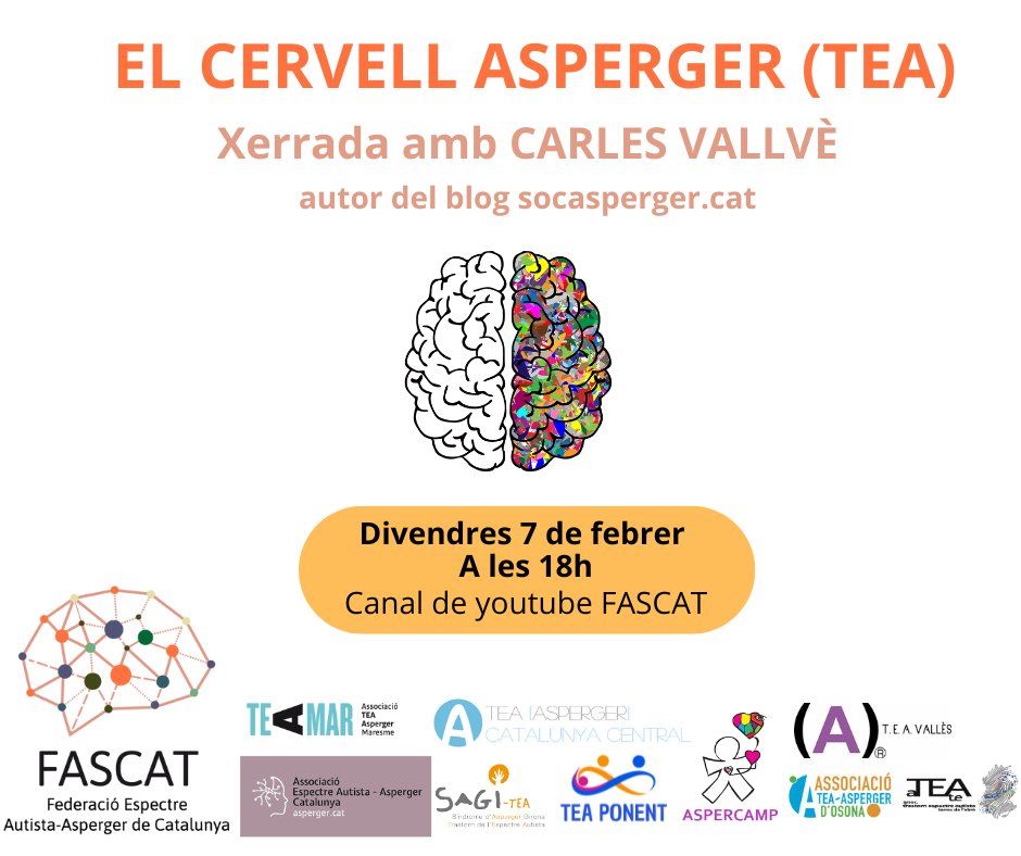 No et perdis el primer Acte commemoratiu pel Dia Int. Asperger de la nostra Federació. Xerrada "El Cervell Asperger -TEA" en primera persona amb Carles Vallvè 
📅7 de febrer
⏰18h
📍Canal youtube #fascat (en breu compartim   
        enllaç)
📝Inscripció lliure i gratuïta
#fascat