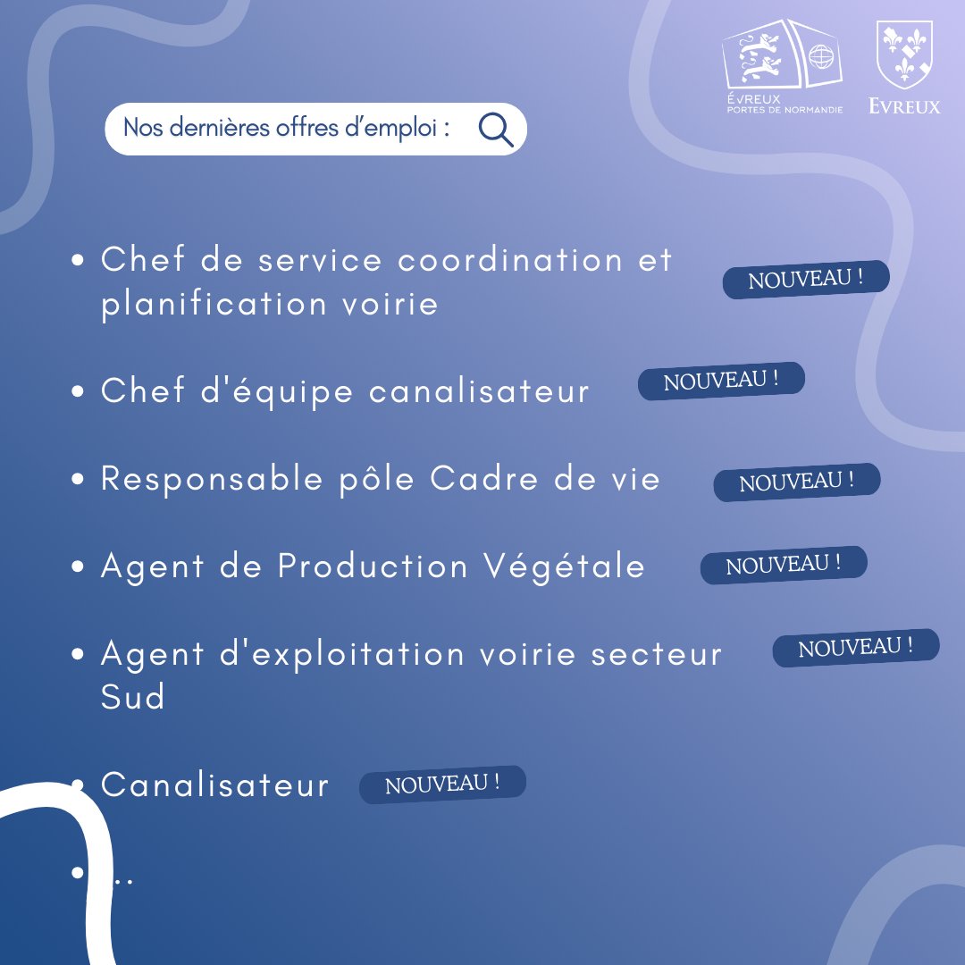 [#EMPLOI]

#Evreux et #aggloevreux recrutent !

&gt; Nouvelles offres : Agent de Production Végétale / ...

&gt; Offres en cours :
 Ilotier / Electromécanicien
 /...

👉 Pour postuler, envoyez votre CV et lettre de motivation ⤵️
evreuxportesdenormandie.fr/285-evreux-por…

#offreemploi