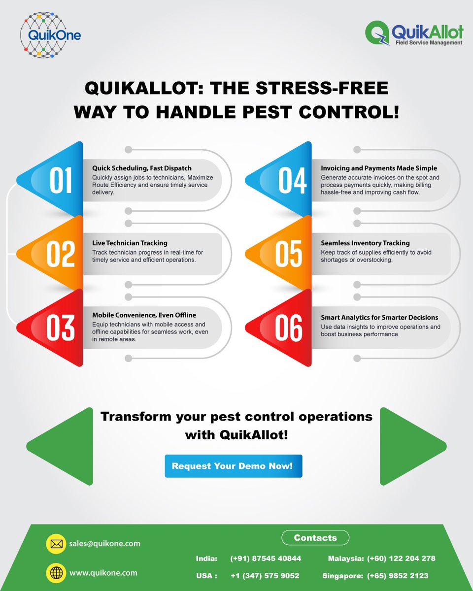 quikonesolution's tweet image. Take control of your pest control operations with QuikAllot today!

🌟Ready to simplify your workflow?
👉Book a demo now!
quikone.com/demo/

#QuikOne #PestControlSoftware #FieldServiceManagement #TechSolutions