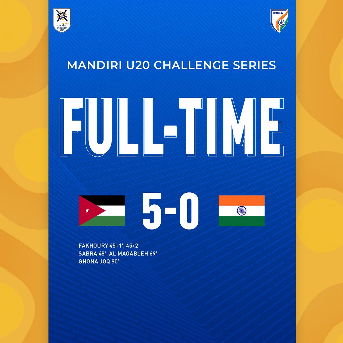 IndianFootball's tweet photo. After a promising start by India, Jordan come out on top to win their second game in a row.

#JORIND #MandiriU20 #IndianFootball ⚽️ https://t.co/FqU2OT4fLX