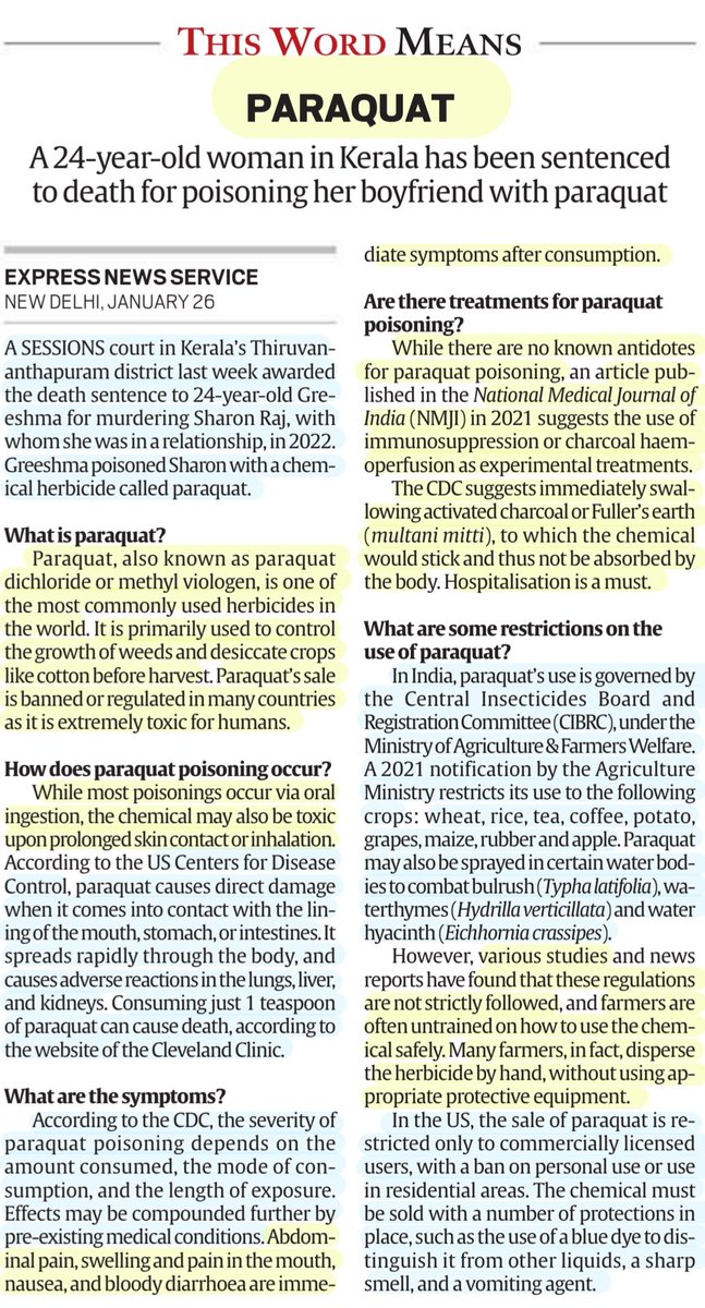 imRavikantYadav's tweet image. 'Paraquat'

'Also known as #MethylViologen- most commonly used #herbicide in the world- Human poisoning'

:Details

#Paraquat poisoning, how it occurs, symptoms, treatment, restrictions on its usages &amp;amp;
More info..

#UPSC 

Source: IE