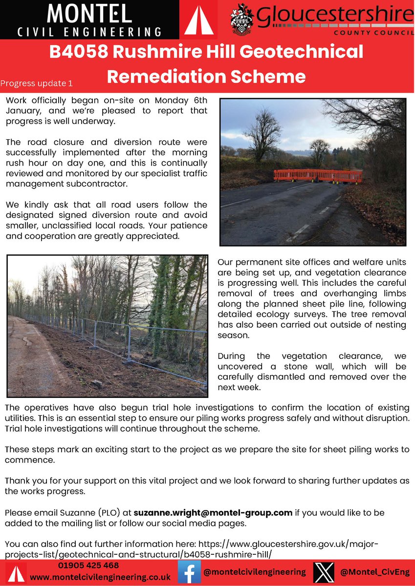 PROJECT UPDATE – B4058 Rushmire Hill Geotechnical Remediation Scheme

We have completed our third week on-site at Rushmire Hill, Wotton-Under-Edge, on behalf of <a href="/GlosCC/">Gloucestershire CC</a> <a href="/GlosRoads/">Glos Roads</a>, delivering essential land stabilisation works.
For the latest update, read our attached newsletter.