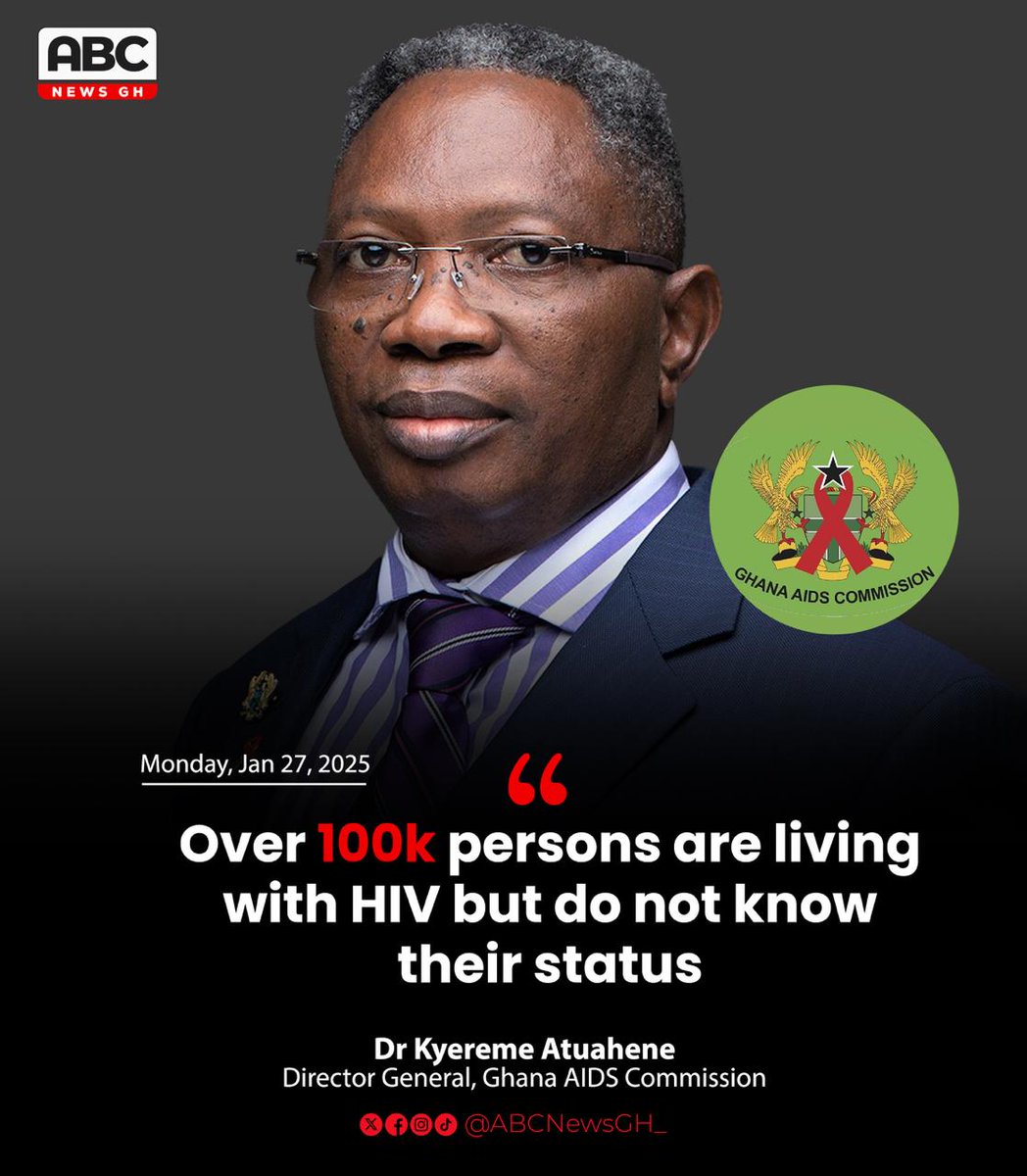 ABCNewsGH_'s tweet photo. "Over 100,000 people in Ghana are living with HIV but unaware of their status, warns Dr. Kyereme Atuahene, Ghana AIDS Commission.
Get tested. Know your status!
#ABCNewsGh #GhanaAidsCommission #AidsIsReal #GettestedKnowyourstatus!