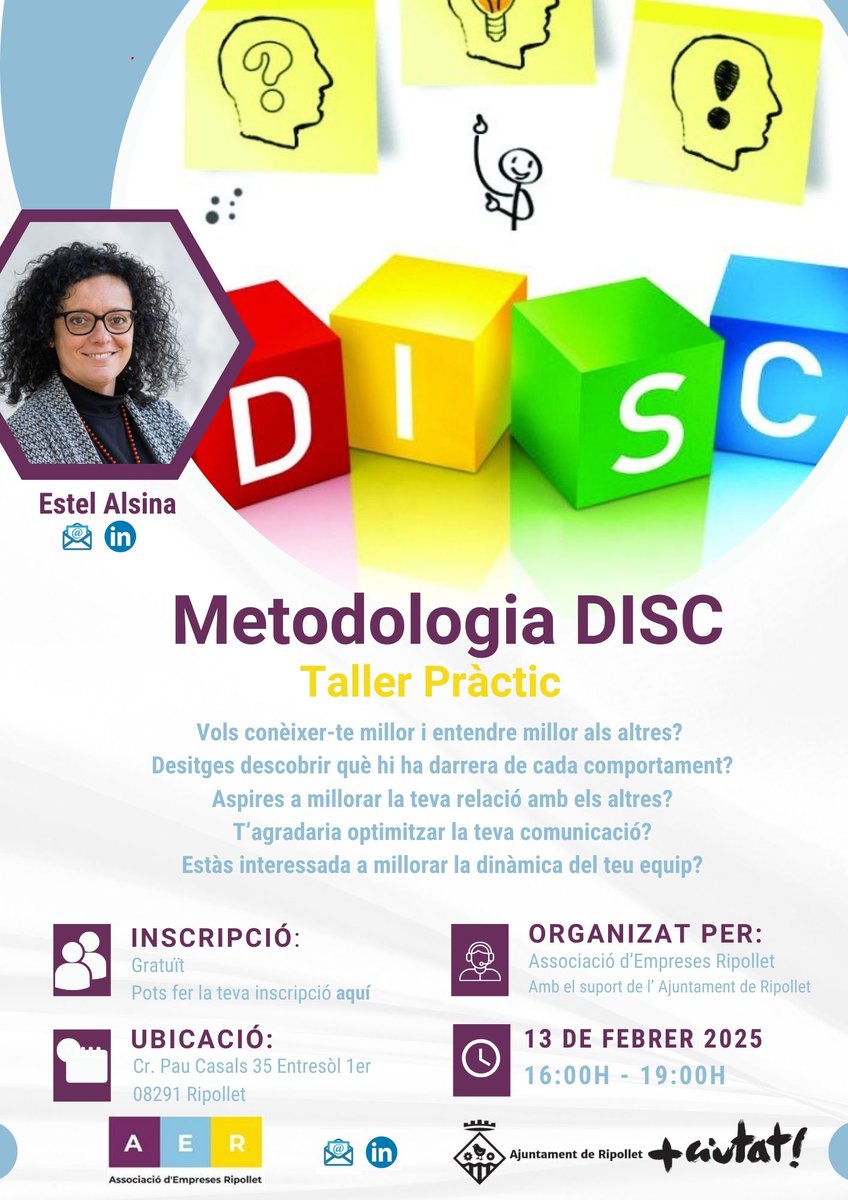 AERipollet's tweet photo. 📢 Taller Pràctic Metodologia DISC : 𝐌𝐢𝐥𝐥𝐨𝐫𝐚 𝐥𝐚 𝐜𝐨𝐦𝐮𝐧𝐢𝐜𝐚𝐜𝐢ó 𝐢 𝐜𝐨𝐡𝐞𝐬𝐢ó 𝐝𝐞𝐥 𝐭𝐞𝐮 𝐞𝐪𝐮𝐢𝐩 𝐚𝐦𝐛 𝐞𝐢𝐧𝐞𝐬 𝐜𝐥𝐚𝐮!  

🗓️ 13/02/2025 | 🕓 16:00 - 19:00  
📍 Ripollet  
💸 Gratuït!  
📩 Inscriu-te aquí:  https://t.co/AvzFAdzkQE 

#AER #gestióEquip https://t.co/2FIRg8Cfxz
