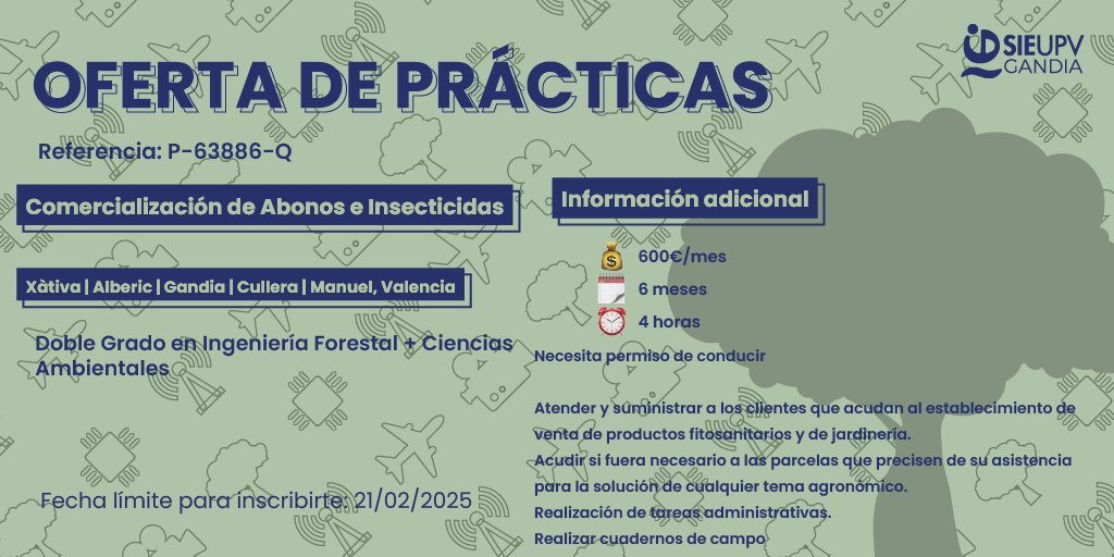 📣OFERTAS DE PRÁCTICAS📣

Haz #practicas en la empresa AGROQUIMICOS TOMAS para formarte en COMERCIALIZACIÓN DE ABONOS E INSECTICIDAS en XÀTIVA | ALBEROC | GANDIA | CULLERA | MANUEL, VALENCIA
#LunesDeAMBIENTALES

Más información en: aplicat.upv.es/dire-app/