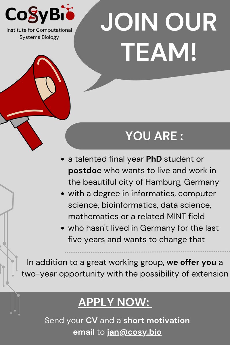 📢Exciting news! We’re seeking incoming #AI and #MachineLearning postdocs to drive groundbreaking #LifeSciences research. Don’t miss this unique opportunity! 
<a href="/janbaumbach/">Jan Baumbach</a>