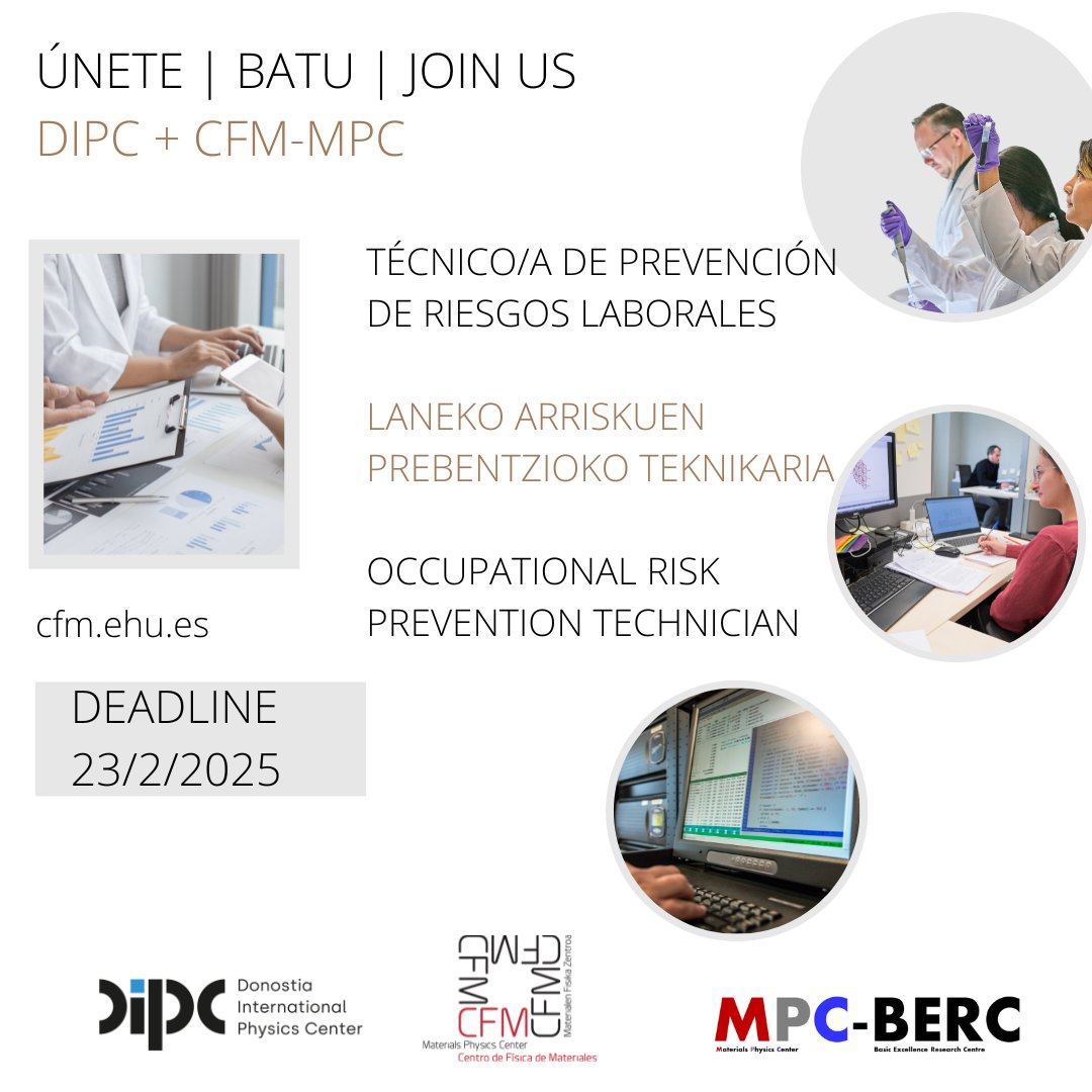 Trabaja en MPC-DIPC
🤝 Lan eskaintza - Oferta de empleo
👩‍🏭 Técnico/a de Prevención de Riesgos Laborales
🙋 Laneko Arriskuen Prebentzioko teknikaria
Deadline: 2025/02/23
+ INFO: cfm.ehu.es/view/files/Tec…
<a href="/DIPCehu/">DIPC</a>  
<a href="/EnpleguGuneak/">UPV/EHU EnpleguGunea</a> <a href="/lanbideejgv/">Lanbide</a> <a href="/upvehu/">UPV/EHU</a>