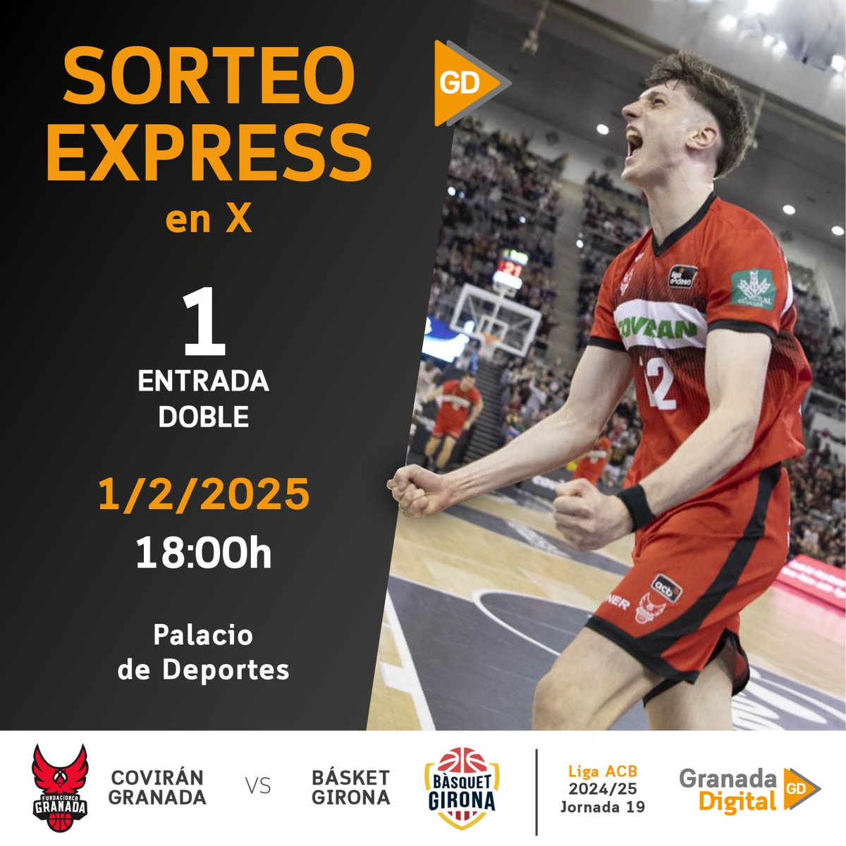 granadadigital's tweet photo. 🏀#SORTEOEXPRÉS | Partido por la permanencia entre @CoviranGranada y @BasquetGirona
 
¿Quieres asistir gratis?
🎟Sorteamos una entrada doble:

🔄RT a la publicación 
👬Menciona con quién irías 
📲Sigue a @granadadigital

El viernes 31 de enero daremos el nombre del ganador https://t.co/dor11rLpTz