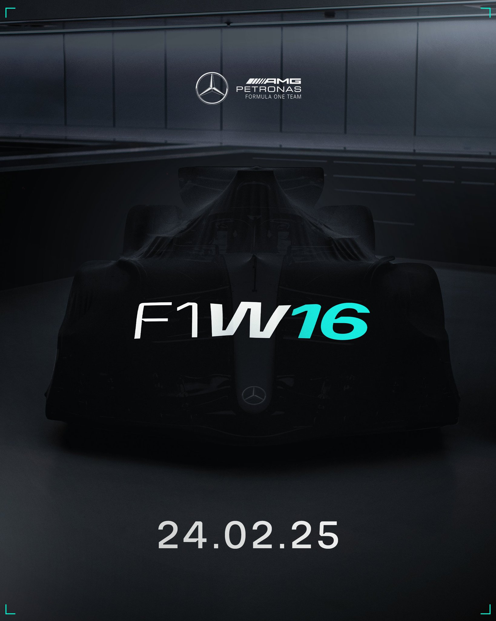 An F1 car under a dark sheet, accompanied with the words F1 W16 and the date of the car's unveiling: February 24, 2025