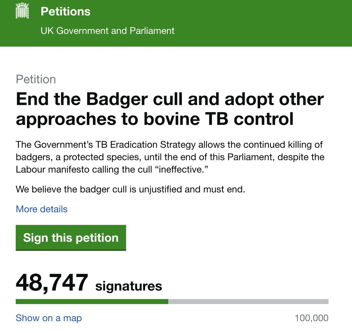 ProtectTheWild_'s tweet photo. Wow! So close to 50k signatures for a ban on the badger cull.

If we get 100k, this will be considered for a debate in Parliament, leading to more national attention!

Help make this happen and sign here 👇
https://t.co/x8Mu043LE0 https://t.co/yrOrpg1NGG