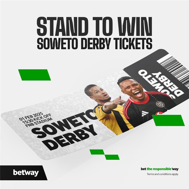 🚨 Soweto Derby tickets 🚨

Stand a chance to win 1 of 20 double tickets to Orlando Pirates v Kaizer Chiefs this weekend 🥳

Simply
1. Repost this 
2. Which player do you think will score this weekend?
3. Use the #BetwaySowetoDerby 

Random winners will be announced tomorrow at